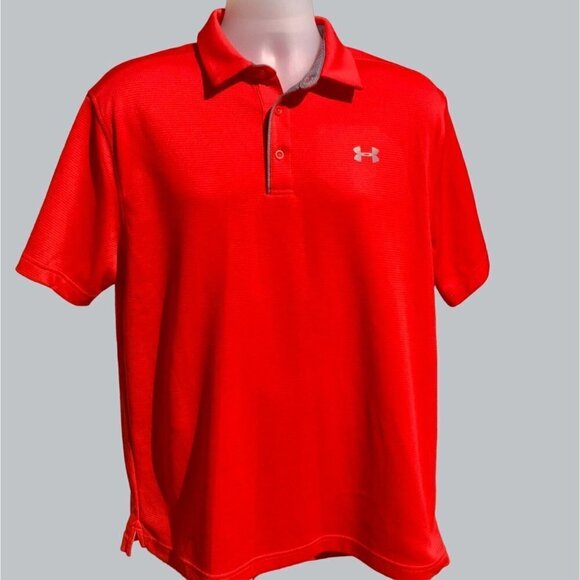 UNDER ARMOUR SOLID RED PARTIAL BUTTON COLLARED POLO STYLE HEATGEAR SHIRT LARGE - Picture 7 of 9